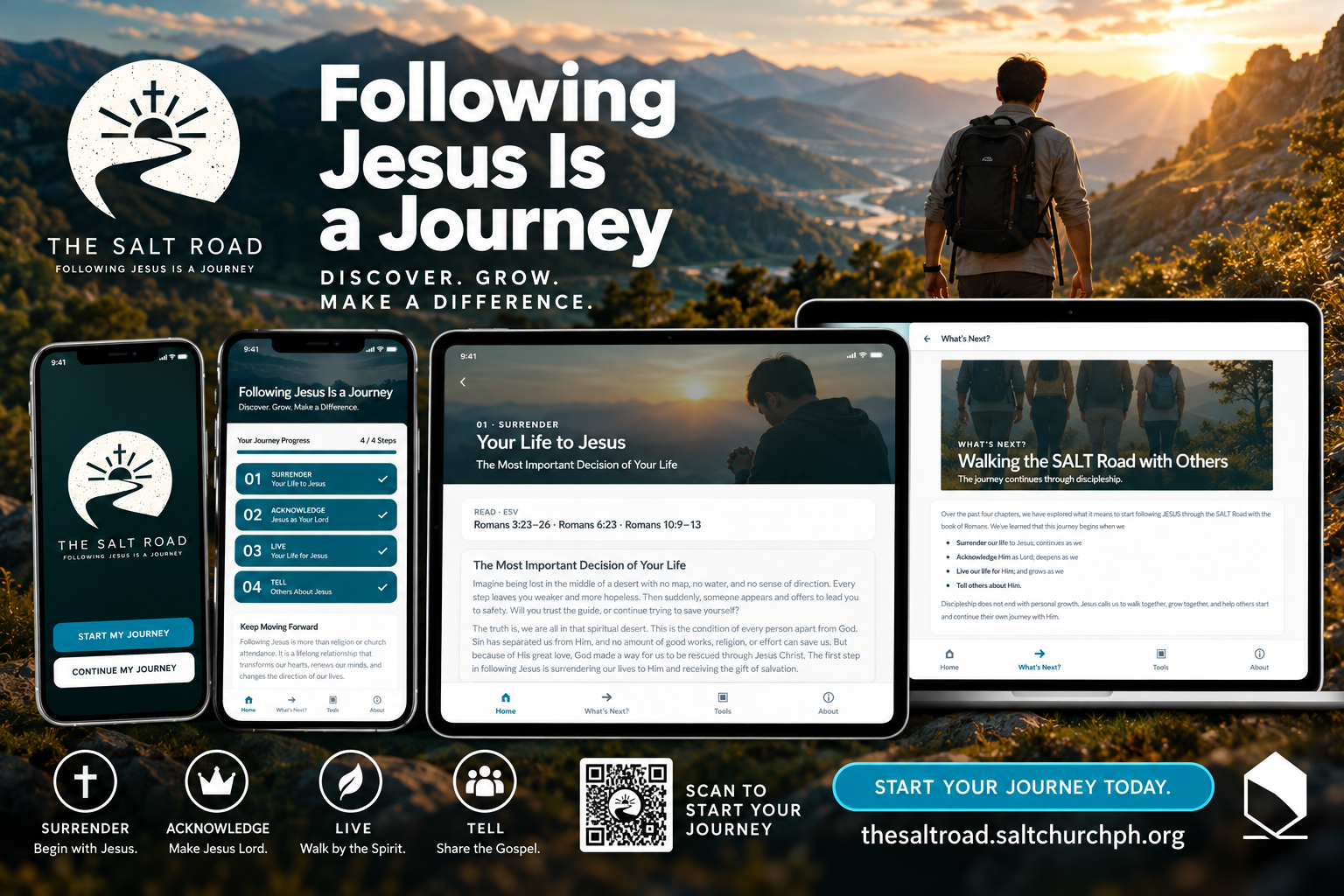 The SALT Road: Following Jesus is a journey. Discover, grow, and make a difference. Preview of the web app on phone, tablet, and desktop.